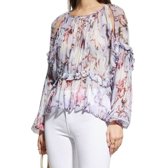 NWT IRO Jozefa Abstract Print Cut-Out Ruffle Pleated Blouse Size 36 EU 6 US NEW - Picture 2 of 14